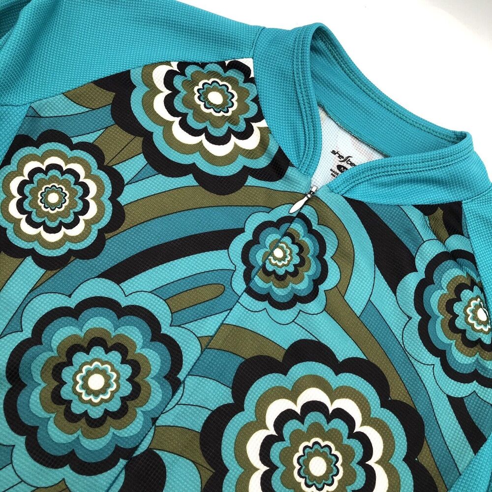 She Beest Turquoise Mod Floral Graphics Long Sleeve Cycling Jersey Size Medium